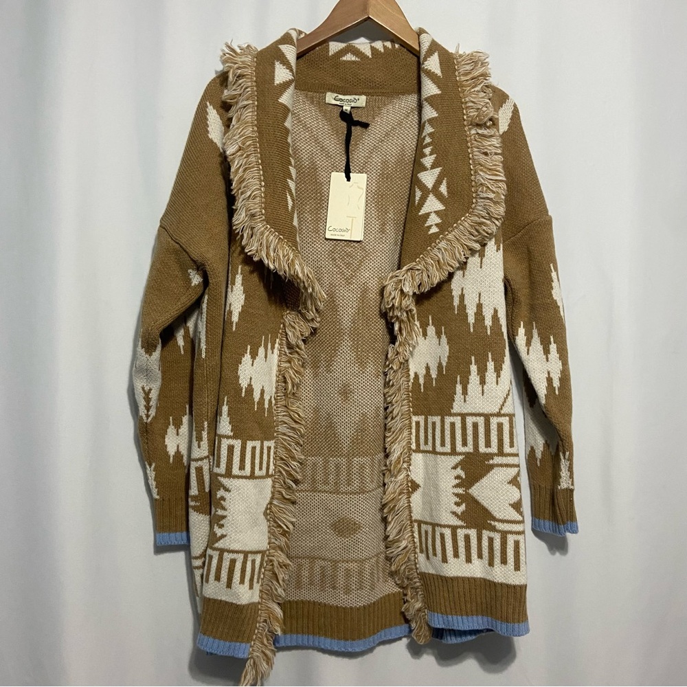 Cocogio Women's Medium Open Front Cardigan Sweater Tan Boho Made In Italy NWT